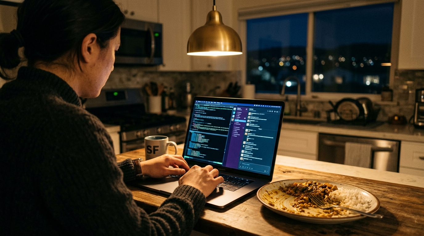 Late-night Bay Area founder prompting on a laptop with a half-eaten plate beside it